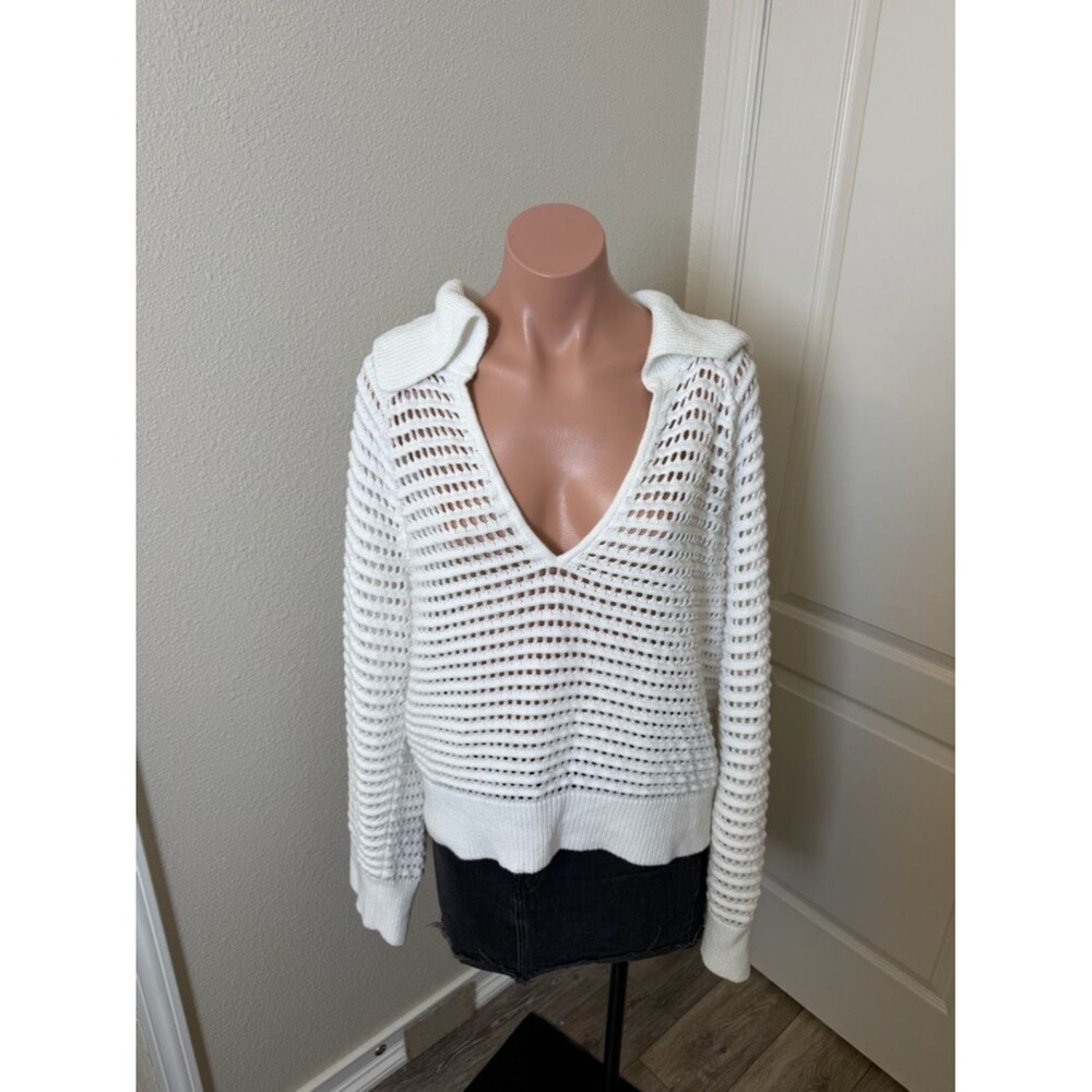 J.Crew White Open-Knit V-Neck Collared Sweater Sz XXL